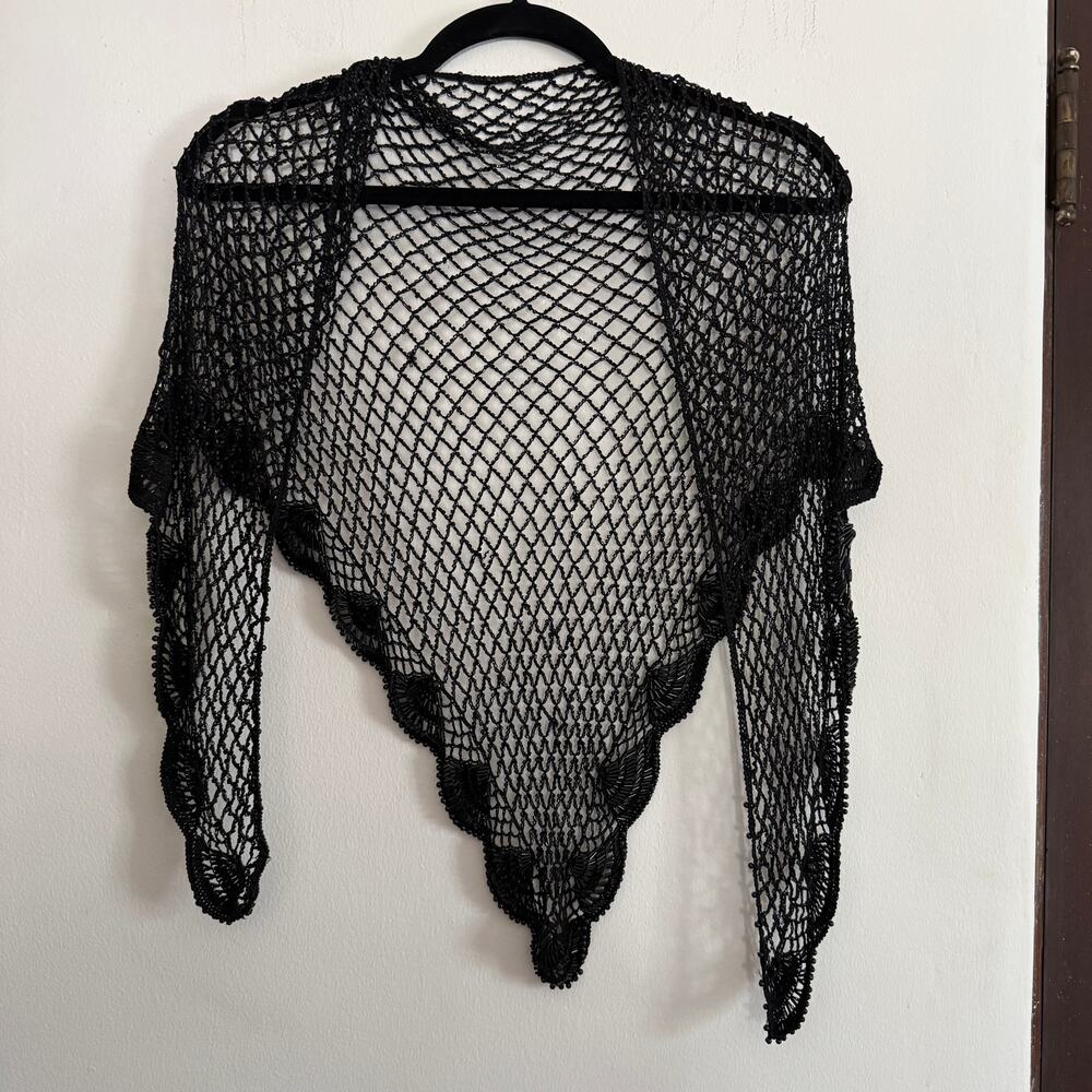 Vintage Black beaded Scallop Trim Evening Shawl Triangle Scarf